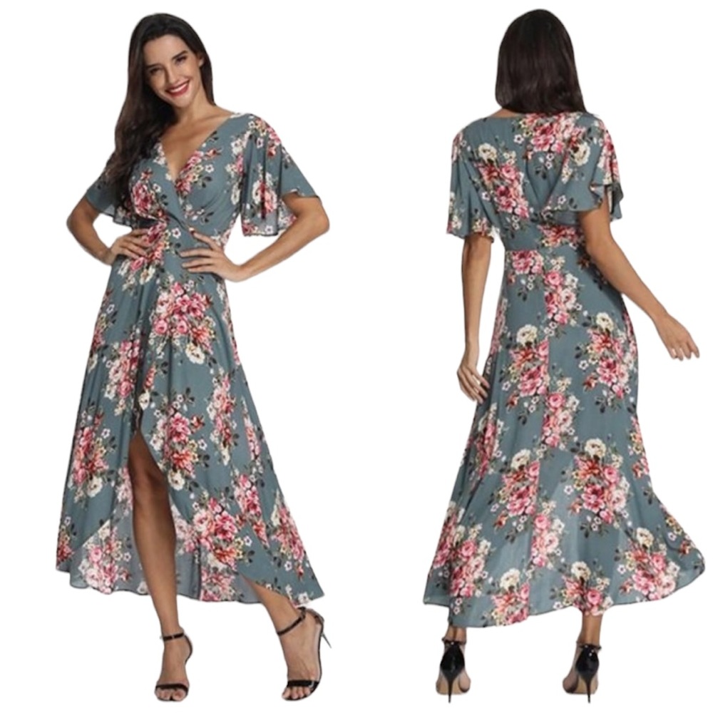 Floral High Low Dress in Blue and Pink